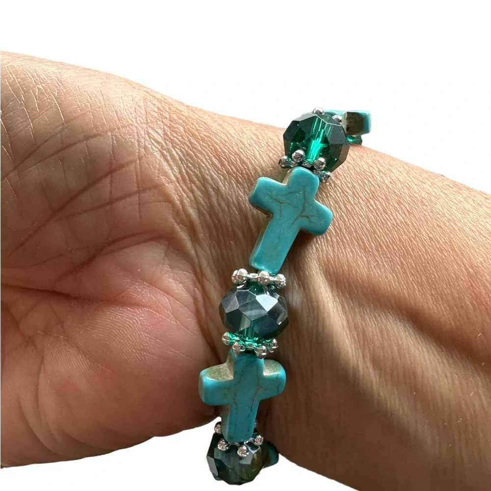 Turquoise Cross Beaded Stretch Bracelet